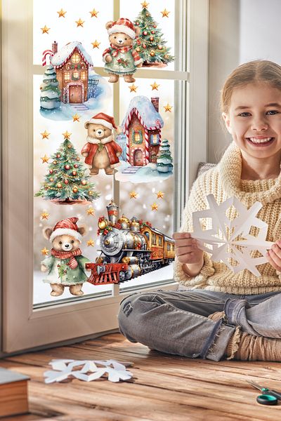 Sim Tasarım Christmas Train Cute Bears Decorative Glass Decoration Sticker Set