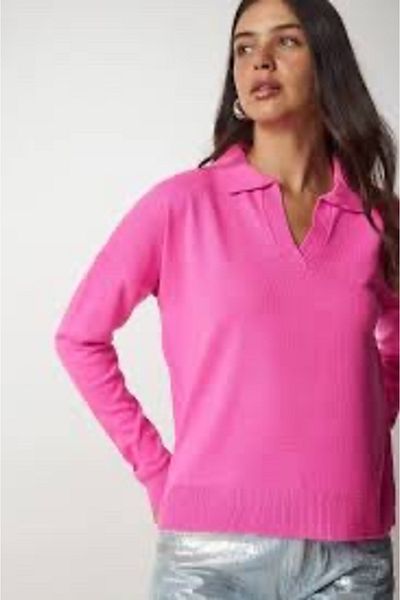 BEŞİR GİYİM Pulover de bază cu guler polo roz neon de damă