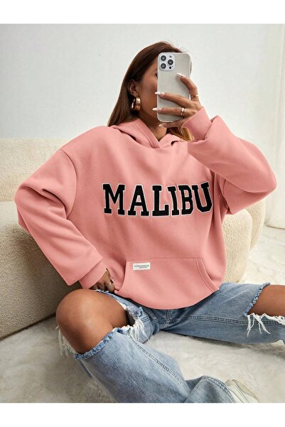 PALPİTO سويت شيرت نسائي بقلنسوة وطبعة Malibu باللون الوردي