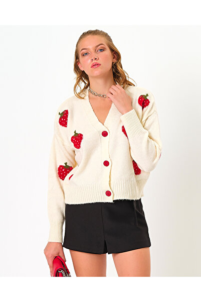 Bisou Women's Ecru Strawberry Cardigan