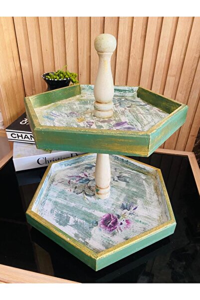 BOYAKAD İKİ KATLI AHŞAP SERVİS TEPSİSİ BİBLO HEYKEL DEKORASYON OBJE EV TASARIMI