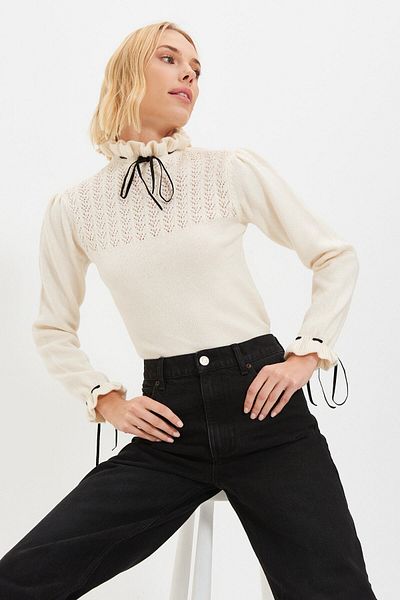SARİTA MODA Women's Knitwear Sweater with Collar and Sleeve Tie Detail