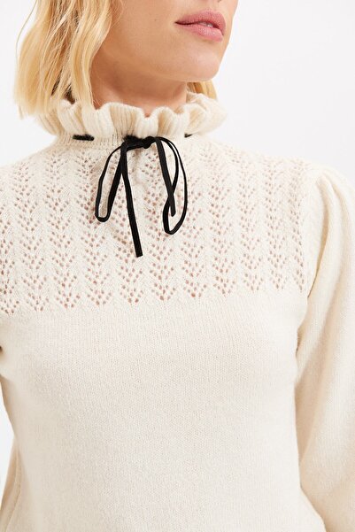 SARİTA MODA Women's Knitwear Sweater with Collar and Sleeve Tie Detail