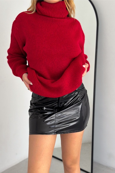 FEMELLE Women's Claret Red Standard Size Turtleneck Fisherman Basic Loose Knitwear Tunic Sweater