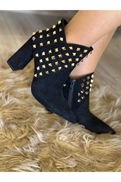 Purple Kadın Siyah Süet Trok Detay Sivri Burun Kalın Topuklu Bot