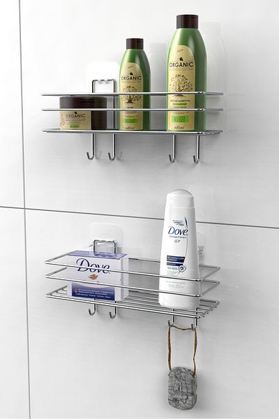 KARTEYA 3-Piece Bathroom Set Adhesive Stainless Bathroom Soap Dish Shower Cabin Shelf Shampoo Holder Bathroom Organizer Set