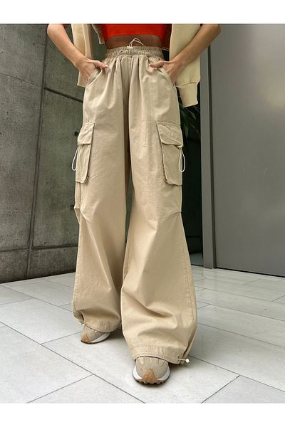 Gofeel Y2k Cream Cargo Λεπτομέρεια τσέπης Loose Wide Leg Baggy Jean