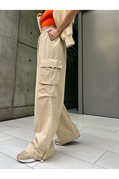 Gofeel Y2k Cream Cargo Λεπτομέρεια τσέπης Loose Wide Leg Baggy Jean