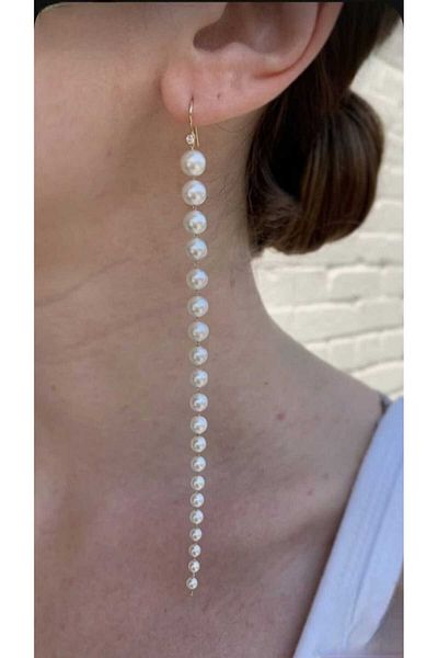 İPAR AKSESUAR Cream Pearl Long Gold Design Earrings