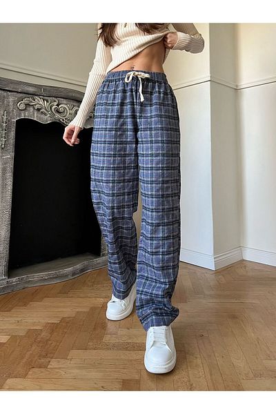 Gofeel Harajuku Plaid Checkered Blue Wide Leg Sweatpants