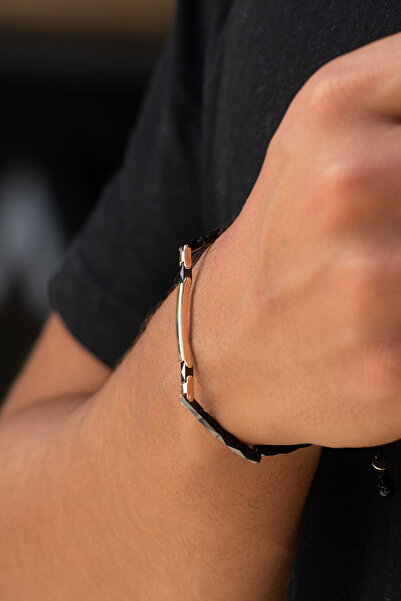 Cenova Jewelry 14 Ayar Altın Bar Detaylı Siyah Seramik Erkek Bileklik (2 MM)