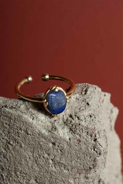 Takıdepo Lapis Lazuli Taşlı Minimal Gümüş Ayarlanabilir Kadın Yüzük-altın Rengi