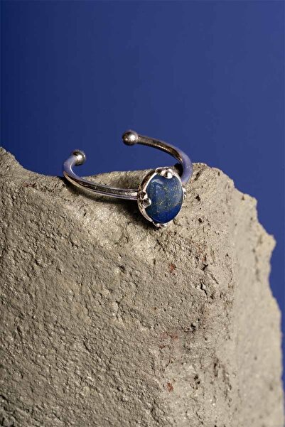 Takıdepo Lapis Lazuli Taşlı Minimal Gümüş Ayarlanabilir Kadın Yüzük-gümüş Rengi