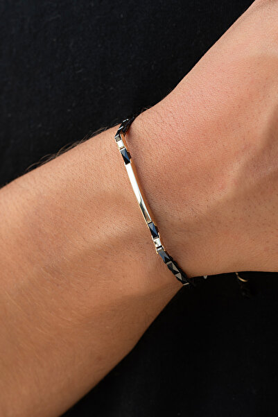 Cenova Jewelry 14 Ayar Altın Bar Detaylı Siyah Seramik Erkek Bileklik (2 MM)