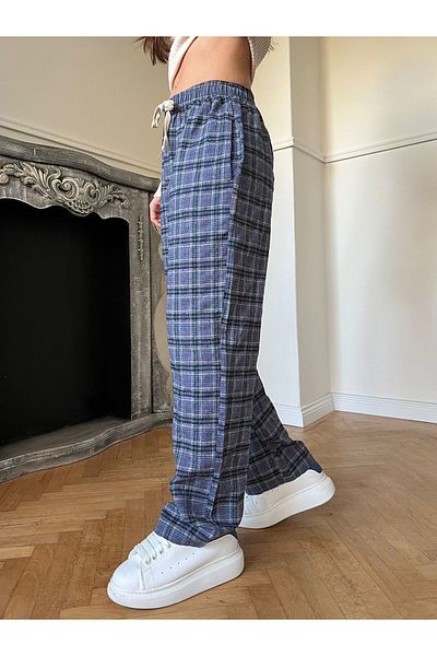 Gofeel Harajuku Plaid Checkered Blue Wide Leg Sweatpants
