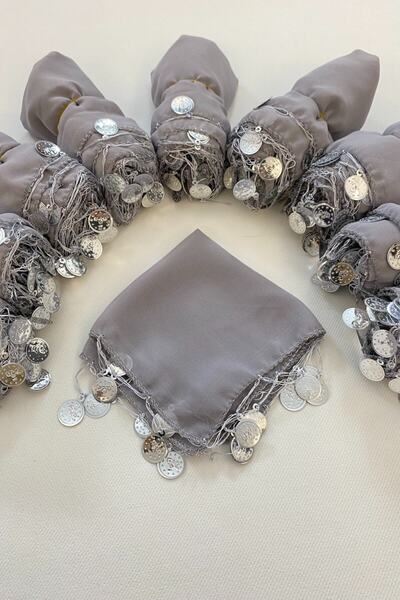 ZEYMERADE Gri Şifon Gelin Damat Nedime Halay Mendili, Söz Nişan Düğün Kına Sü...