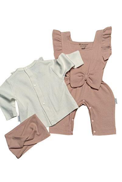 minicayzen Baby Girl Salopet Set-Collar Lace Bodysuit, Ribbed Bottom Snap-On Salopet and Headband Set