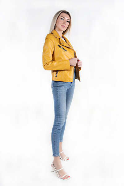 WOOG DERİ Eliza Model Γυναικείο μουσταρδί κίτρινο μπουφάν από γνήσιο δέρμα