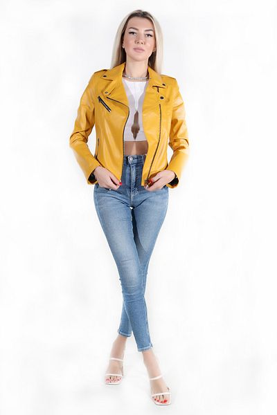 WOOG DERİ Eliza Model Γυναικείο μουσταρδί κίτρινο μπουφάν από γνήσιο δέρμα
