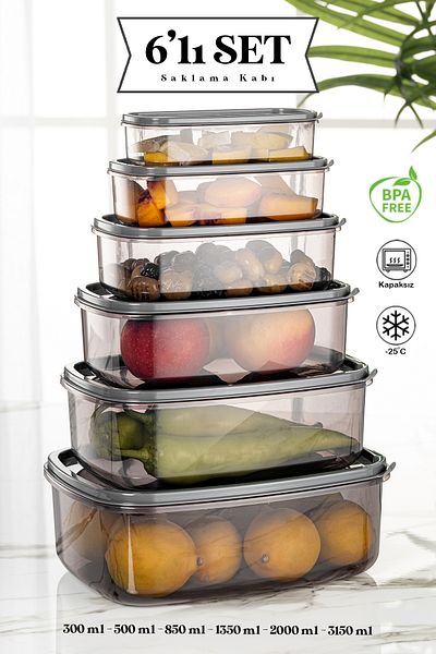 Meleni Home Set of 6 Rectangular Sweet Transparent Storage Containers