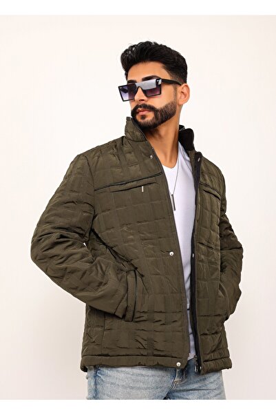 Gambocci Ανδρικό καπιτονέ παλτό χακί καρό κανονική εφαρμογή