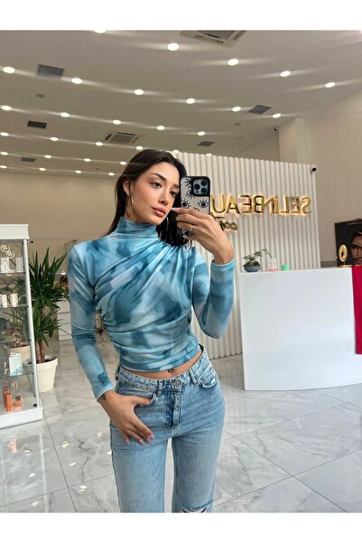 MY DEPO Bluză drapată cu guler înalt pentru damă, model batik