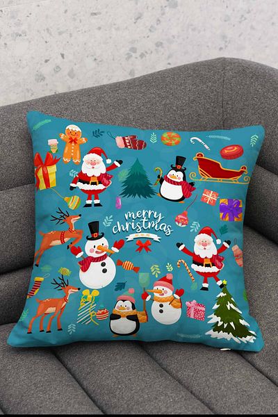 Hayal Dekoratif New Year Themed Merry Christmas Written Blue Red Color Decorative Digital Printed Throw Pillow Cover