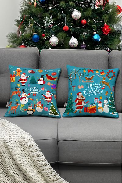 Hayal Dekoratif New Year Themed Merry Christmas Written Blue Red Color Decorative Digital Printed Throw Pillow Cover