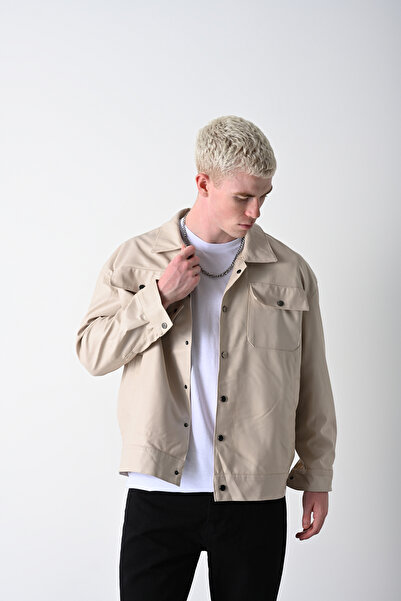 Slatra Men's Beige Inner Lined Pocket Detail Oversize Leather Jacket