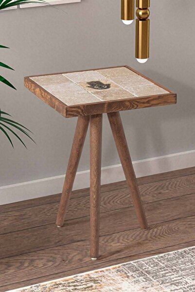 Resmo Traverten Taş Fatma Ana Eli Baskılı Ceviz Sehpa 32x32cm Doğal Ağaç Yan Sehpa Dekoratif Mobilya