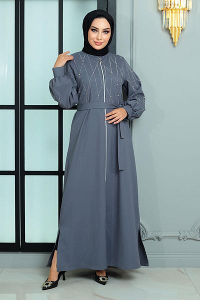 Modamihram Stone Detailed Abaya Anthracite 19161
