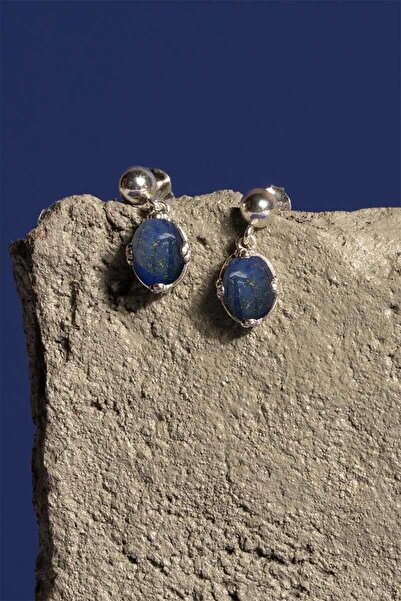 Takıdepo Lapis Lazuli Taşlı Minimal Gümüş Kadın Küpe-Gümüş Rengi