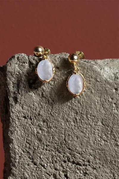 Takıdepo Sedef Taşlı Minimal Gümüş Kadın Küpe-Altın Rengi