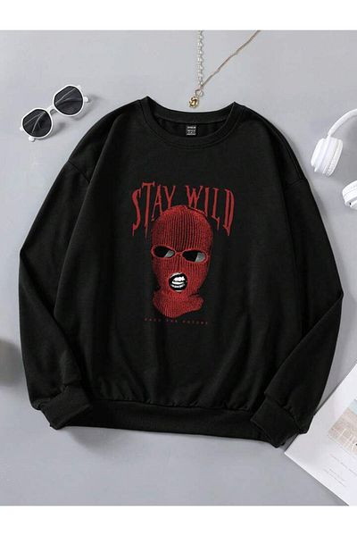 Keywest Φούτερ με κουκούλα Unisex Black Stay Wild με στάμπα με λαιμόκοψη