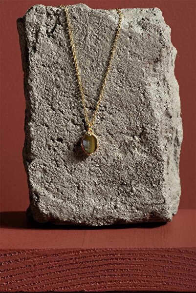 Takıdepo Kaplangözü Taşlı Minimal Gümüş Kadın Kolye-Altın Rengi