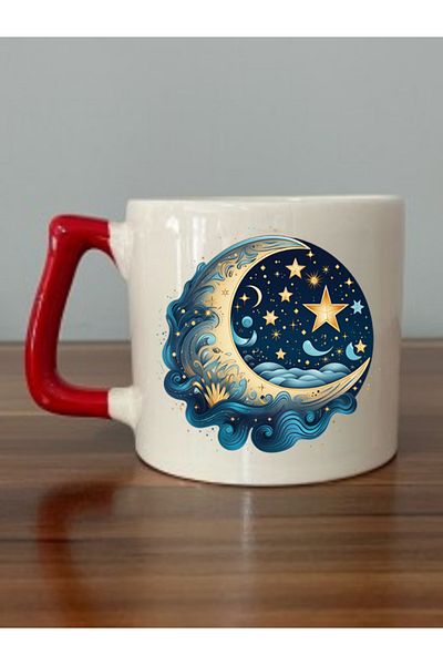 lili hediyelik Moon And Star Printed Red Handled Mug Cup - Ceramic Tea, Coffee Gift Cup