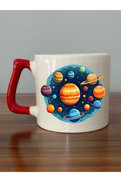 lili hediyelik Planet Printed Red Handle Mug Cup - Ceramic Tea, Coffee Gift Cup Teacher's Day