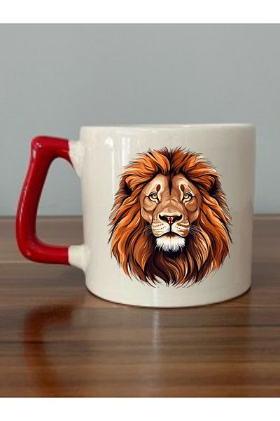 lili hediyelik Lion Printed Red Handle Mug Cup - Ceramic Tea, Coffee Gift Cup Teacher's Day