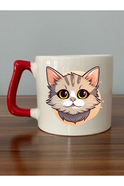 lili hediyelik Cute Cat Printed Red Handled Mug Cup - Ceramic Tea, Coffee Gift Cup