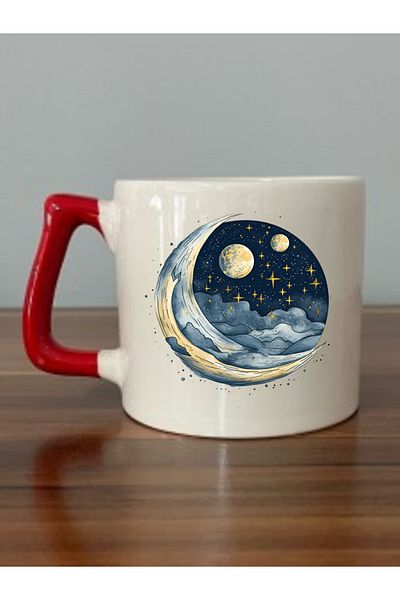 lili hediyelik Moon And Clouds Printed Red Handled Mug Cup - Ceramic Tea, Coffee Gift Cup