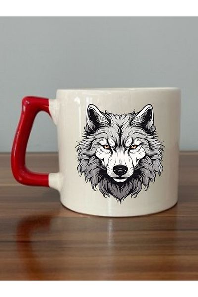 lili hediyelik Wolf Printed Red Handled Mug Cup - Ceramic Tea, Coffee Gift Cup