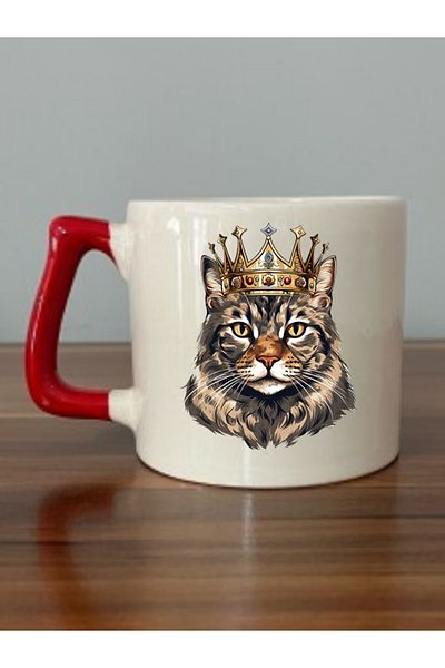 lili hediyelik Tabby Cat Printed Red Handle Mug Cup - Ceramic Tea, Coffee Gift Cup