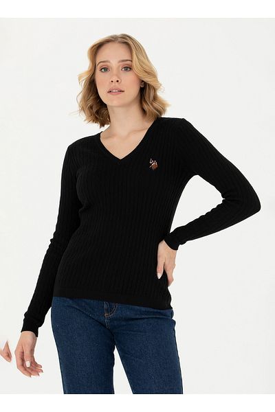 U.S. Polo Assn. Πόλο Ασν. Μαύρο πουλόβερ Slim Fit V λαιμόκοψη - TK03-BSK23