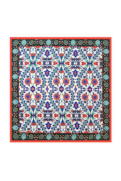 Bursa İpek Red Navy Blue Seljuk Pattern Silk Scarf