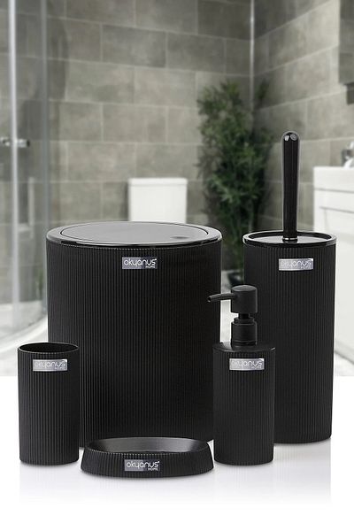 Şahane Pazar Mina Vertical Striped Round 5-Piece Bathroom Set Black Coating FMA604304