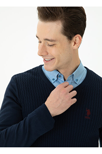 U.S. Polo Assn. U.S. Polo Assn. Синій Slim Fit V-подібний комір Чоловічий светр - GROV-GLBSK23