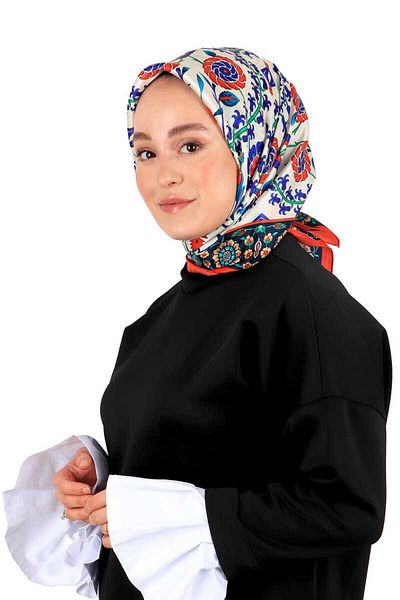 Bursa İpek Red Navy Blue Seljuk Pattern Silk Scarf