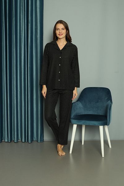 TUGSE Women's Black Suede Collar Polka Dot Patterned Long Sleeve Pajama Set