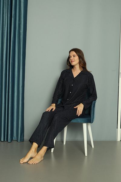 TUGSE Women's Black Suede Collar Polka Dot Patterned Long Sleeve Pajama Set