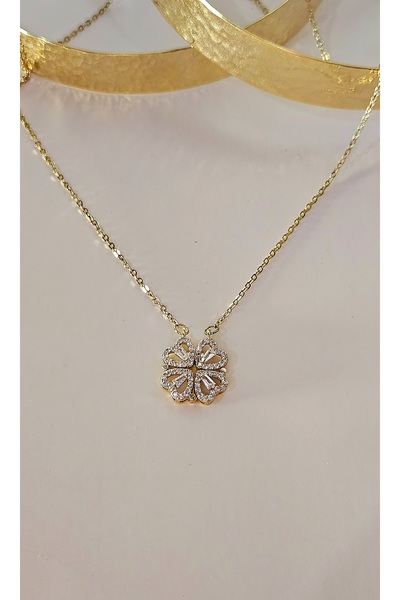 WONDER TOUCH Çelik yonca kolye,zirkon taşlı mıknatıslı yonca kolye,kararmaz kolye,günlük kolye,şans kolyesi